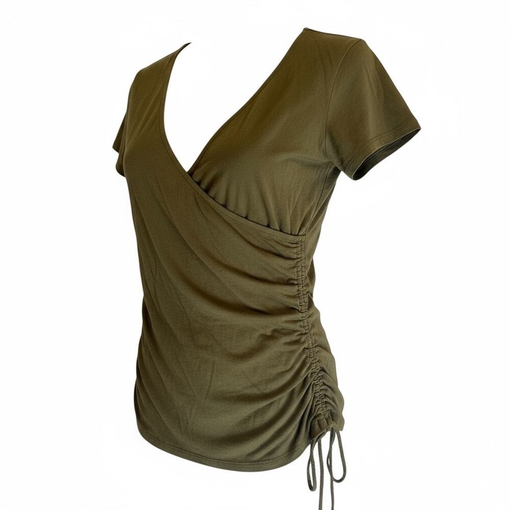 INC International Concepts Wrap/Ruched Olive Green V-Neck Top - Medium